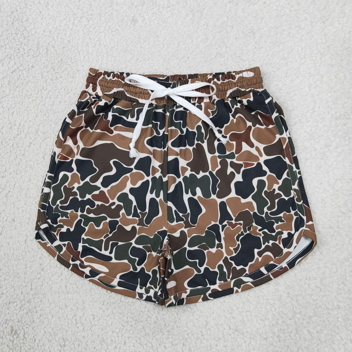 NEW RTS NO MOQ yoga fabric SS0988 Yoga Adult Women Dark Brown Camo Elastic Waist Yoga Active Pockets Shorts Bottom