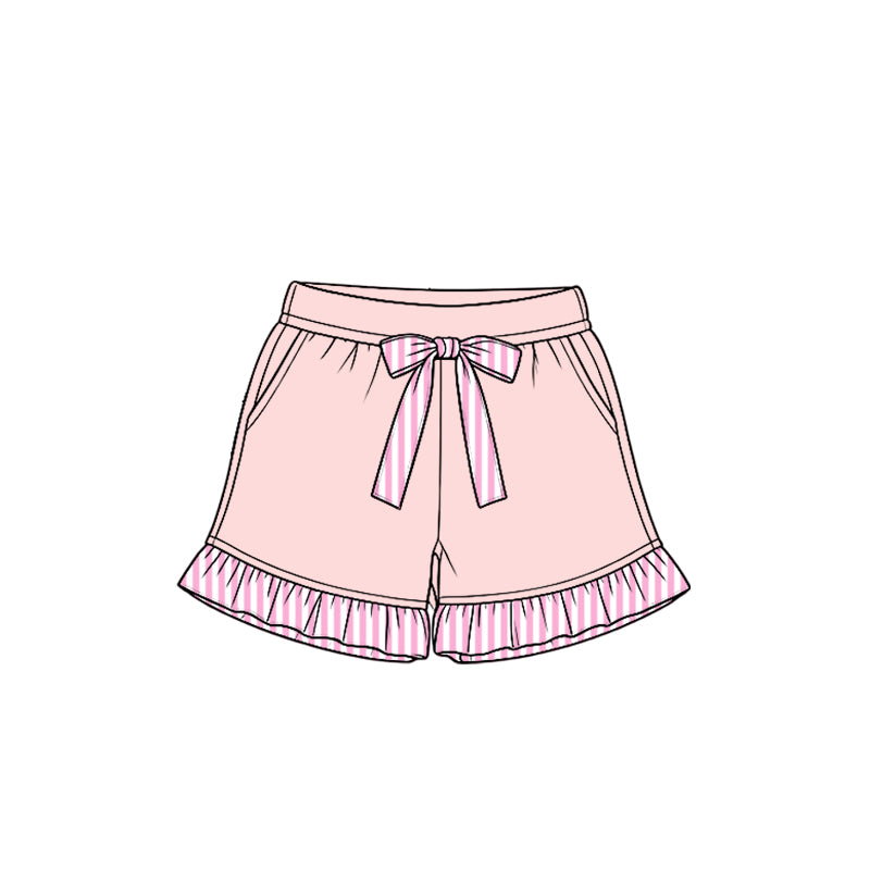 (Preorder new) No moq cotton fabric solid color Baby Girls ruffle Vertical stripe shorts