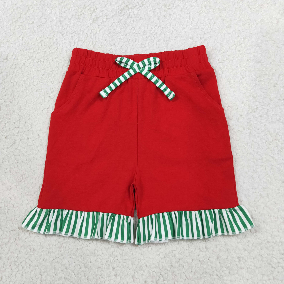 NEW RTS NO MOQ milk silk SS0997 Baby Girls Red Green Stripe Bow Pockets Holiday Casual Shorts Bottom
