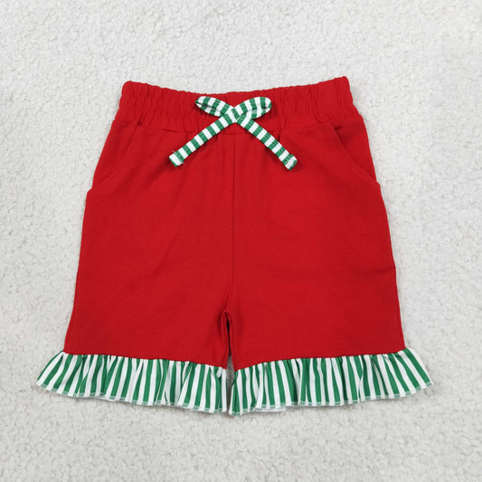 NEW RTS NO MOQ milk silk SS0997 Baby Girls Red Green Stripe Bow Pockets Holiday Casual Shorts Bottom