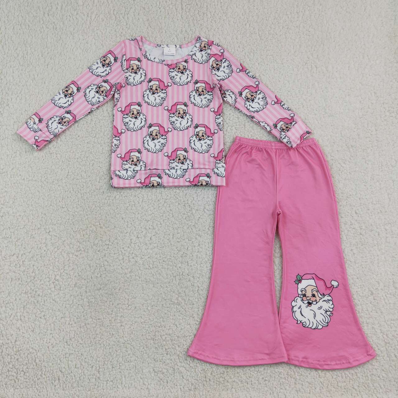 NEW RTS NO MOQ milk silk GLP3538 Baby Girls Pink Striped Santa Print Long Sleeve Top Pink Flare Bell Bottom Pants Outfit