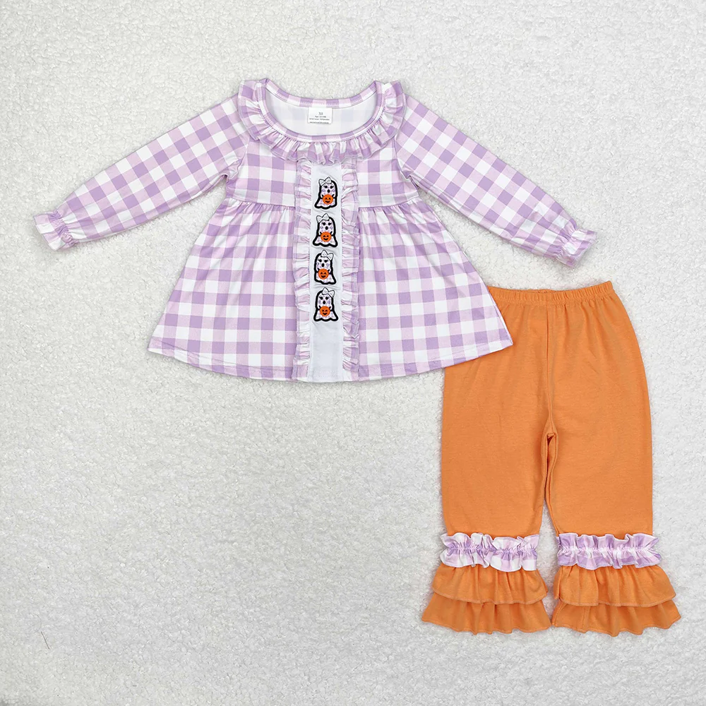 RTS NO MOQ ETA 5-7DAYS Embroidery witch Lavender Checkered Ghost Halloween Clothes Sets