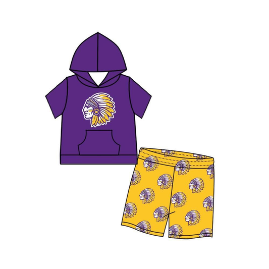 custom moq 5 mix size SYSNWY0107 Baby Kids Purple Short Sleeve Hooded Top Yellow Shorts Summer Team Set