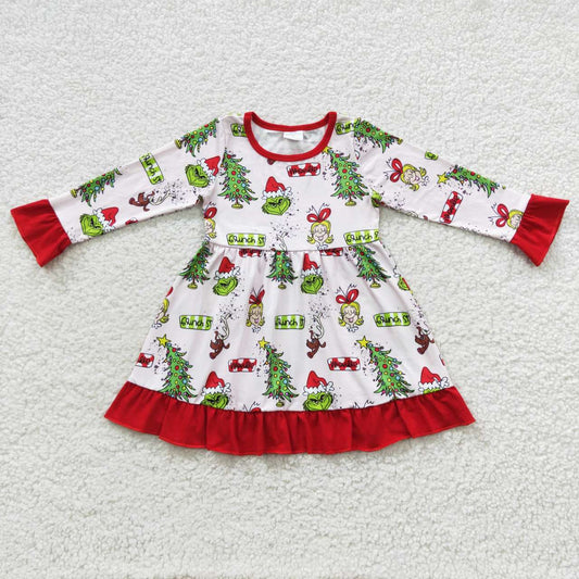 GLD0235 Girls Christmas tree pink long sleeve dress