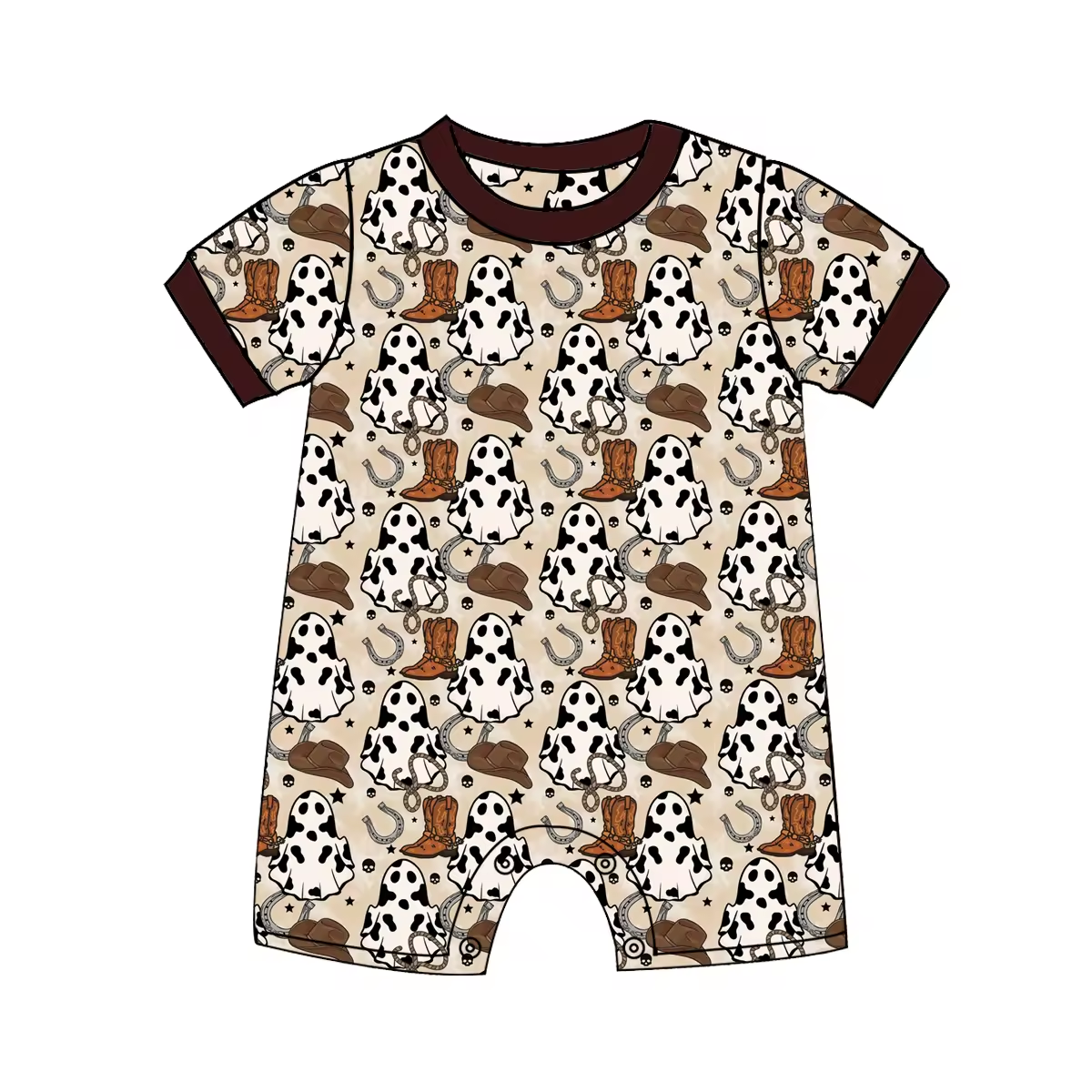 Custom moq 3 eta 6-8weeks Brown short-sleeved romper with black and white milk pattern