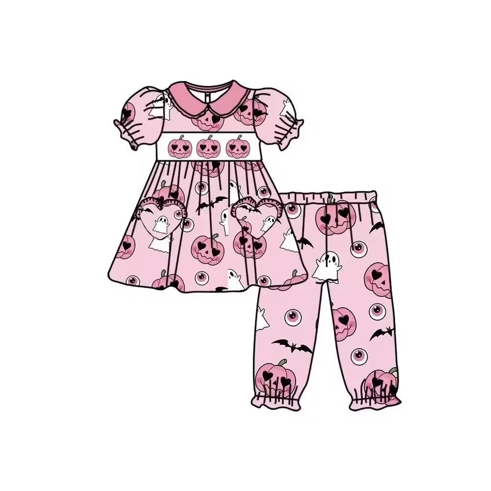Custom moq 3 eta 6-8weeks  Pink Heart Pocket Pumpkin Doll Collar Bubble Short Sleeve Long Pants Suit