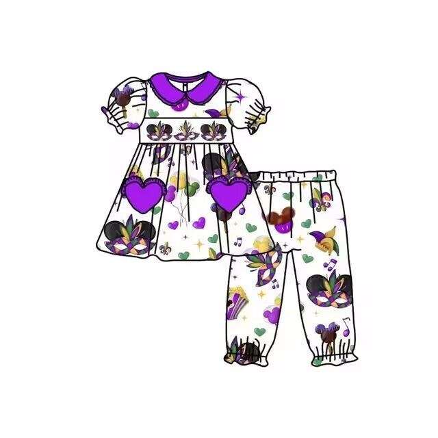 Custom moq 3 eta 6-8weeks  Purple Heart Pocket Pumpkin Doll Collar Bubble Short Sleeve White Trousers Suit
