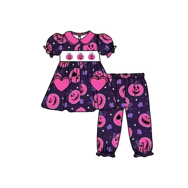 Custom moq 3 eta 6-8weeks  Dark purple heart pocket pumpkin doll collar bubble short sleeve trousers suit