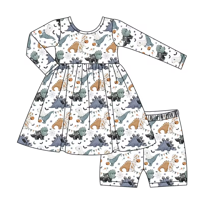 Custom moq 3 eta 6-8 weeks  Halloween blue-gray bandage dinosaur white long-sleeved shorts suit