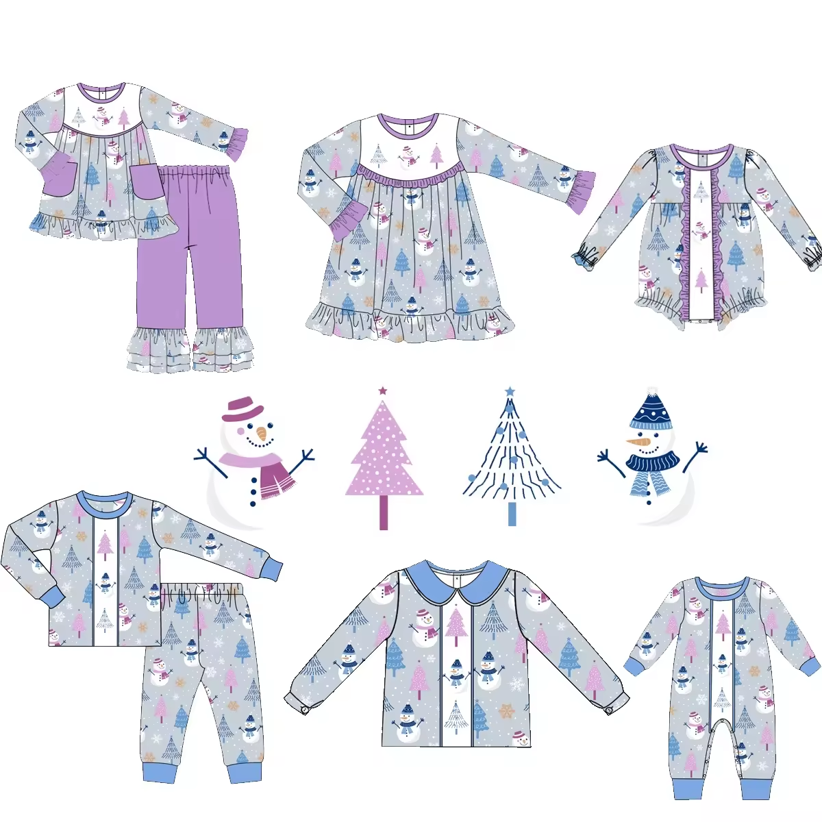 Custom moq 3 mix size eta 6-8 weeks Purple & Blue Winter Snowman Pine Tree Boys & Girls Mixed Set
