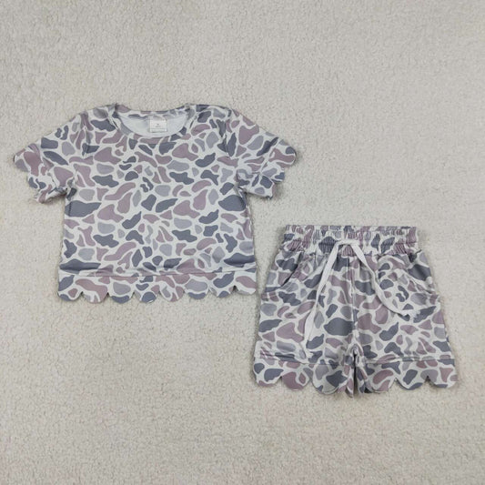 RTS NO MOQ GSSO3226 Baby Girls Light Grey Camo Top with Pockets Scallop Shorts Outfit Set