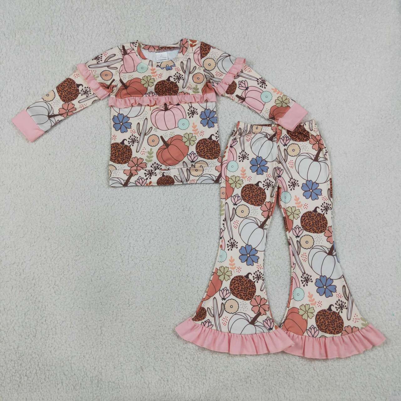 NEW RTS NO MOQ milk silk GLP3502 Baby Girls Pumpkin Flower Print Long Sleeve Top Elastic High Waist Bell Bottom Pants Halloween Outfit