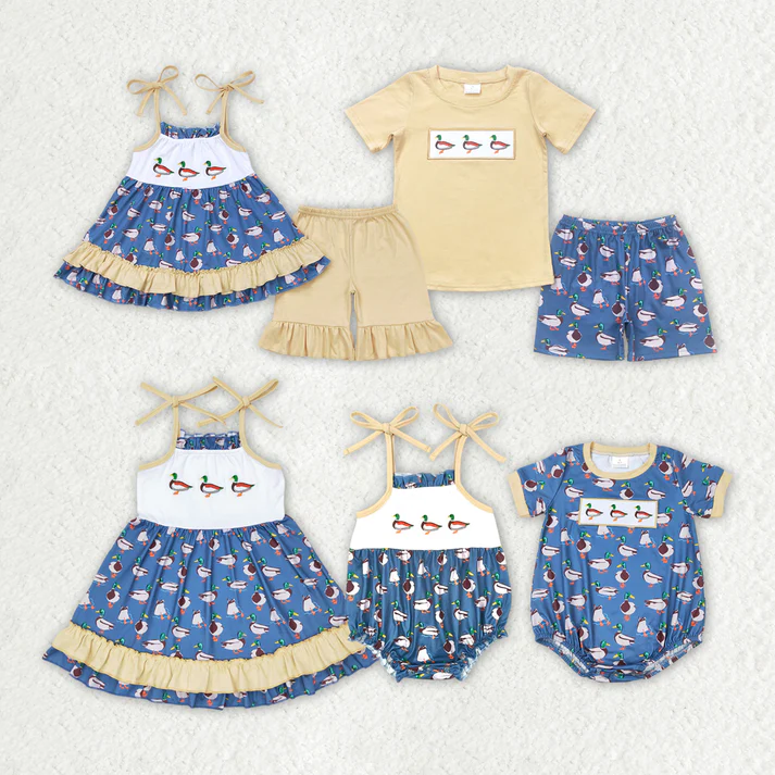 RTS Baby Girls Boys Duck Embroidery Sibling Rompers Clothes Sets