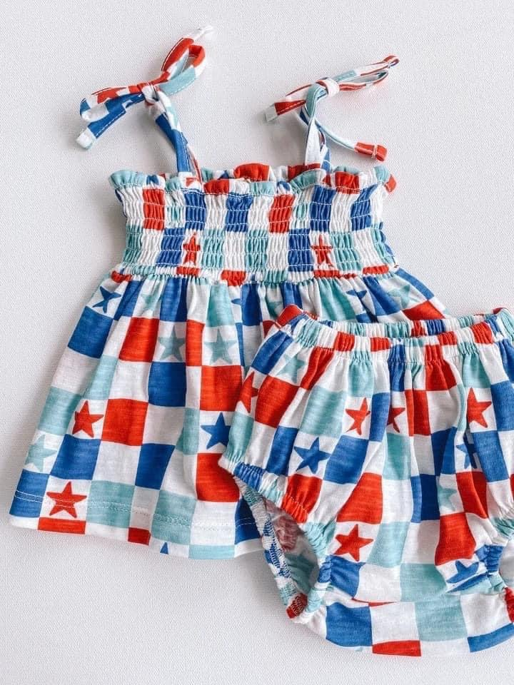 custom moq 5 eta 4-5weeks Short-sleeved five-pointed star red plaid thong suit