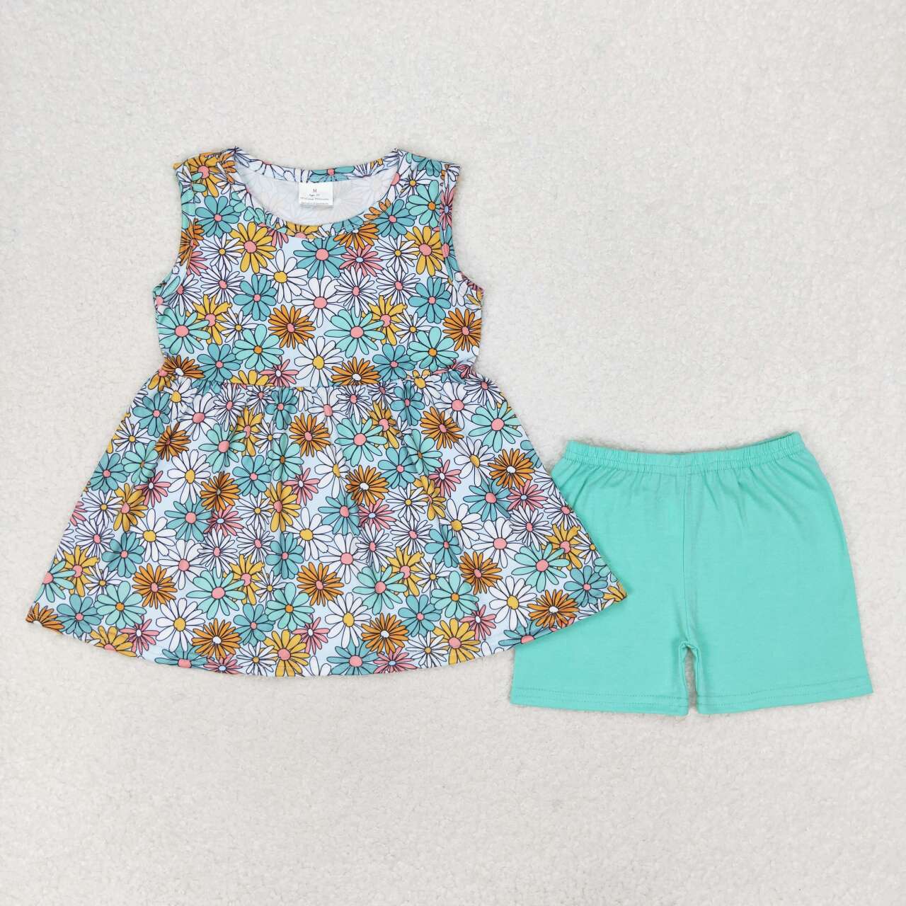 RTS NO MOQ GSSO1271 Flower sleeveless blue-green shorts set