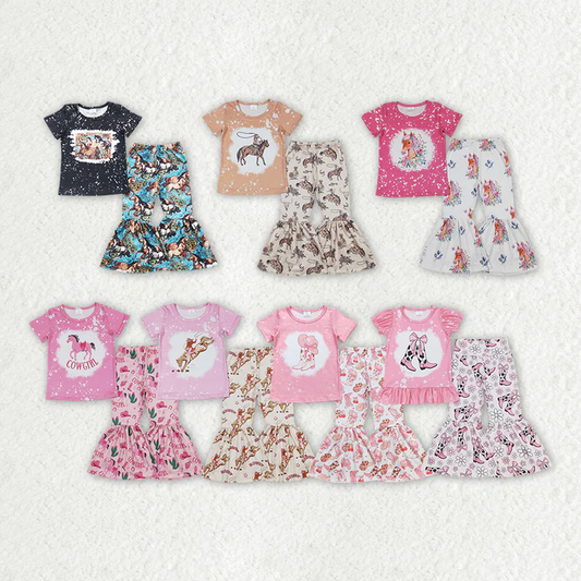 RTS Baby Girls Sibling Horse Boots Tee Top Bell Pants Western Outfits Sets