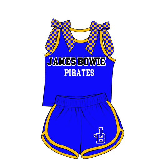 custom moq 5 mix size TH0301 Baby Girls Bows Blue Sleeveless Tank Top Shorts Summer Sets