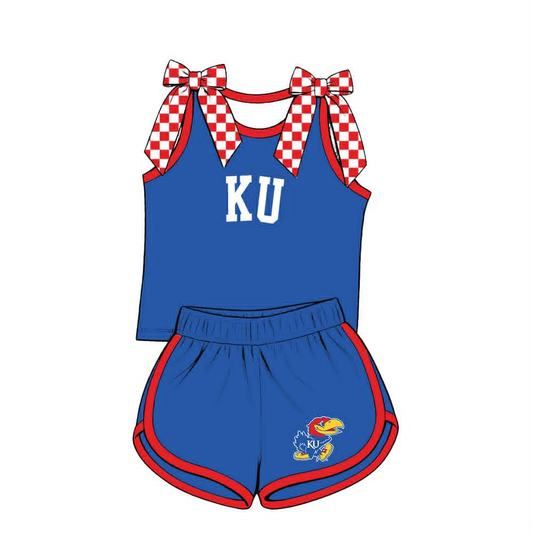 custom moq 5 mix size TICH01 Baby Girls Checked Bow Sleeveless Top Shorts Team Outfit Set