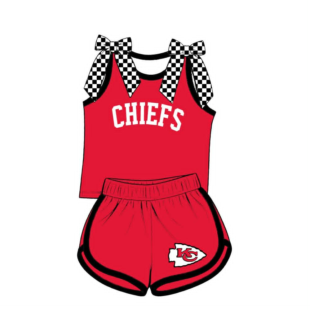 custom moq 5 mix size TICH01 Baby Girls Checked Bow Sleeveless Top Shorts Team Outfit Set