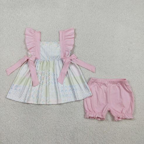 RTS NO MOQ Sibling Baby Girls Checked Tunic And Ruffle Shorts Set Floral Knee-Length Dress Rompers for Little Girls