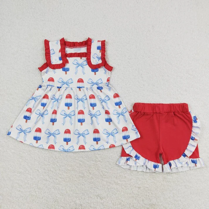 RTS NO MOQ Baby Girls Popstick Bows Sibling Sister Rompers Clothes Sets