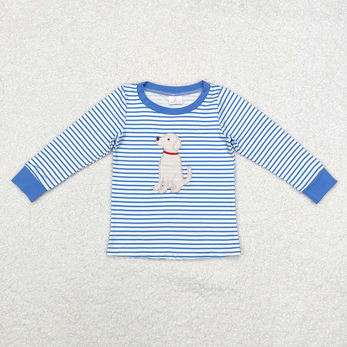 RTS NO MOQ Stripe embroideryGirls Boys Blue Stripes Dog Tops Dresses Rompers