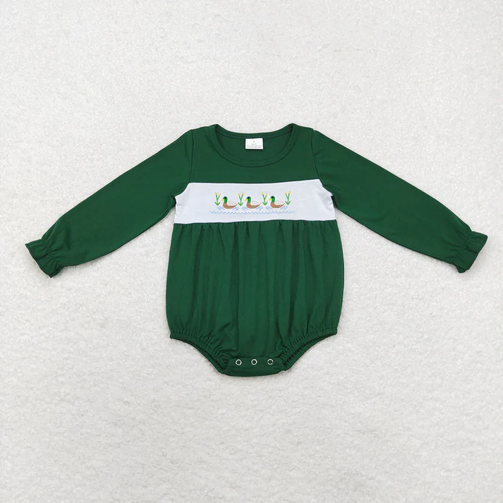 RTS NO MOQ Green Checkered Ducks Dresses Rompers Clothes Sets Girls Boys Toddlers embroidery