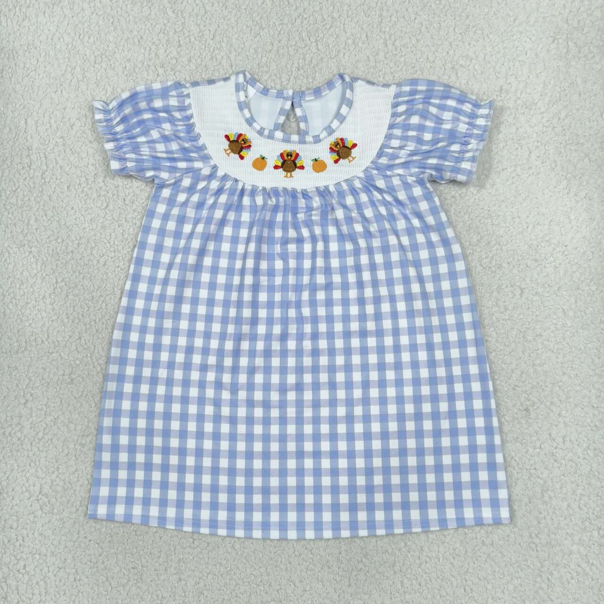 NEW RTS NO MOQ milk silk GSD4250 Smocked Baby Girls Short Ruffle Sleeve Turkey Thanksgiving Print Checked Knee Length Casual Dress(3-6M-7-8T)