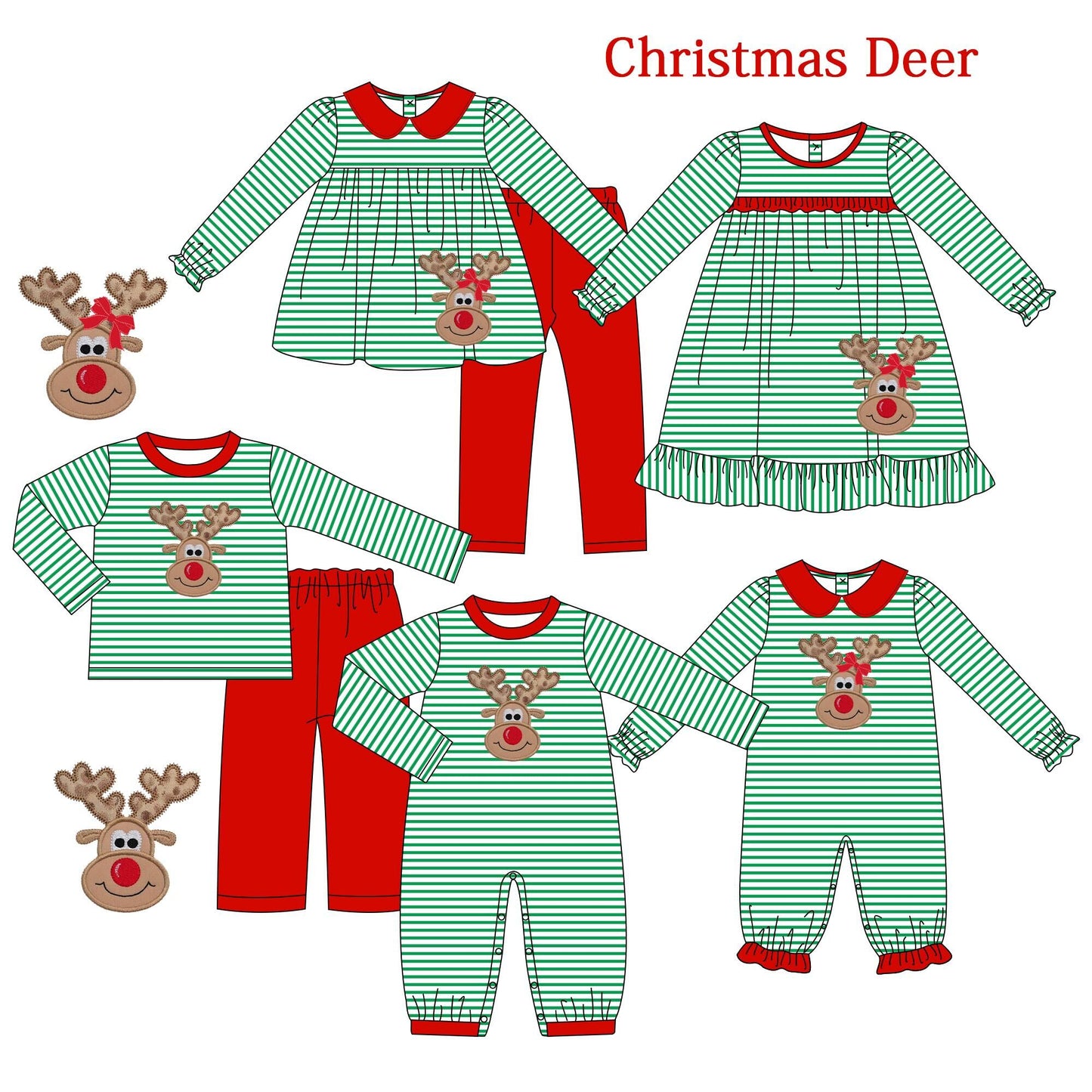 RTS Embroidered elk green striped Christmas long-sleeved red trousers christmes Embroidered