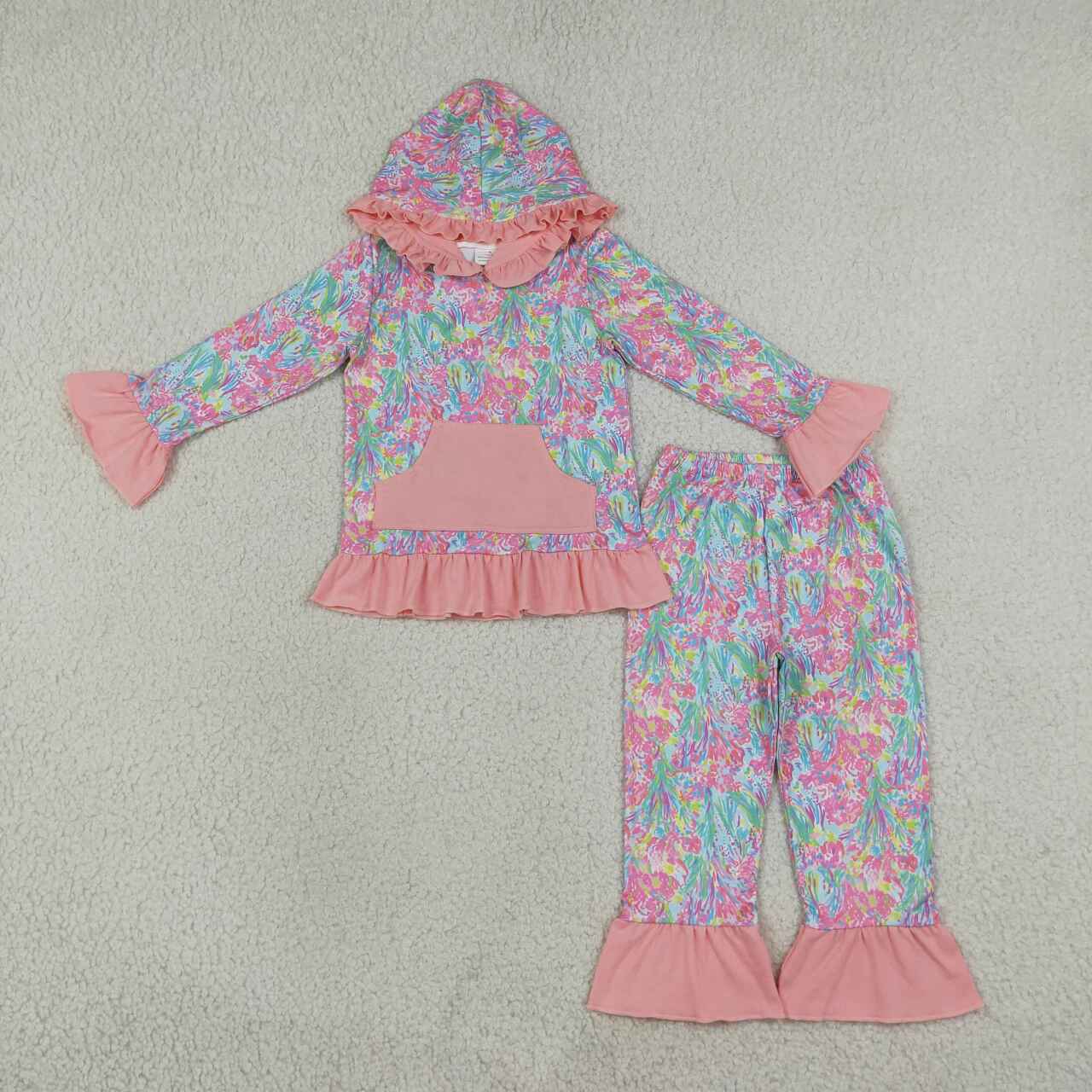 NEW RTS NO MOQ milk silk GLP3519 Baby Girls Sea Plants Pocket Ruffle Hoodie Top Pants Sets