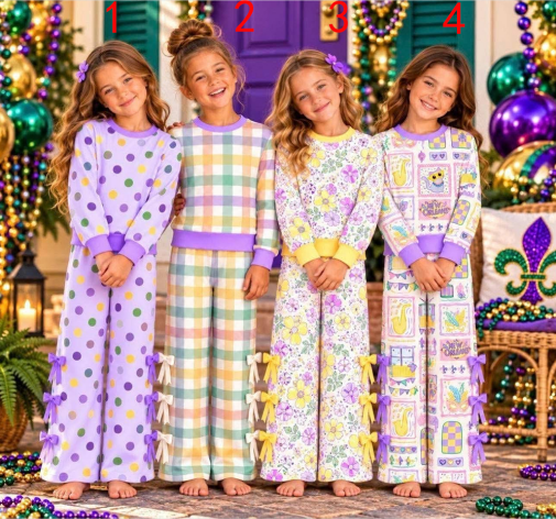 custom moq 5 mix size SYJOF01 Baby Girls Purple Green Gold Print Long Sleeve Top And Bow Wide Leg Pant Set