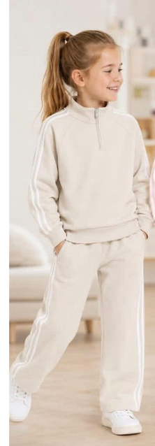 custom moq 5 mix size AY0102 Baby Girls Side White Stripe Quarter Zip Pullover And Elastic Waist Wide Leg Jogger Pants Casual Set