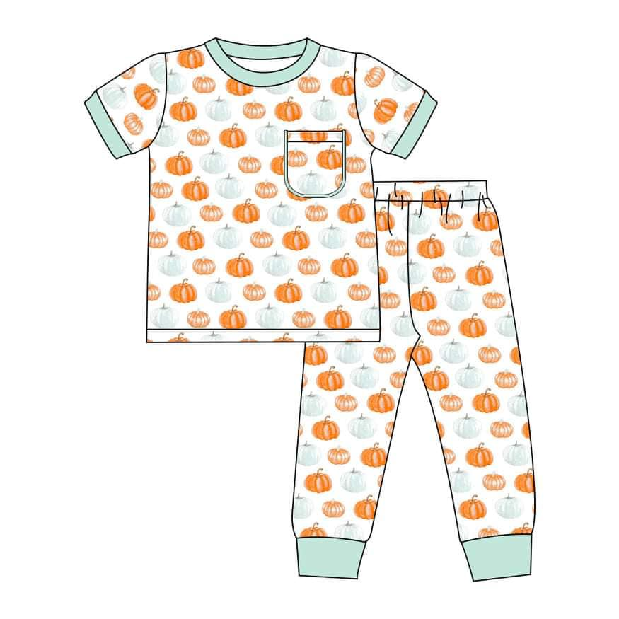 Custom moq 3 eta 6-8weeks Pumpkin Short Sleeve Long Pants Pajama Set