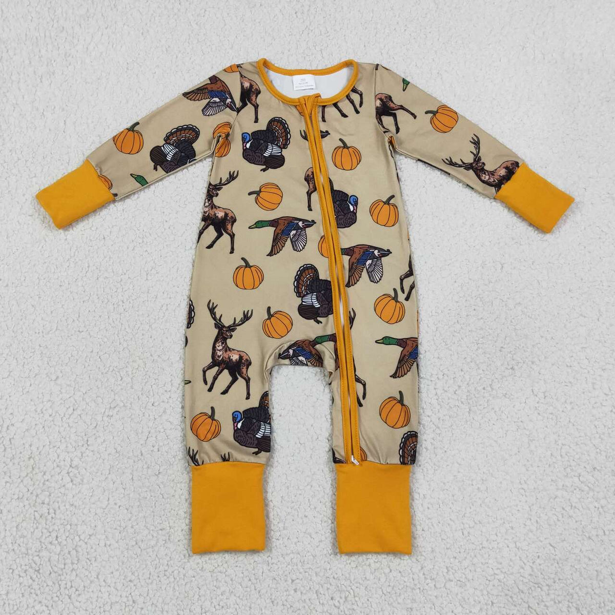 NEW RTS NO MOQ milk silk LR3251 Baby Boys Pumpkins Turkey Ducks Deer Print Two Way Zip Front Convertible Thanksgivings Long Sleeve Romper