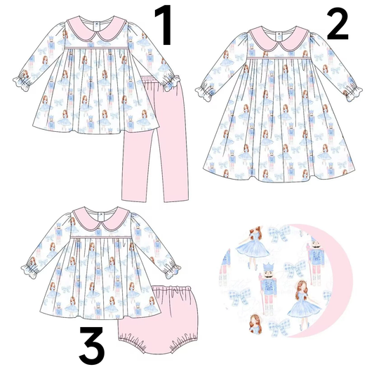 Custom moq 3 MIX SIZE  eta 7/8week moq 5 eta /4/5week  Blue Plaid Bow & Ballerina Print Long Sleeve Doll Collar Mixed Set