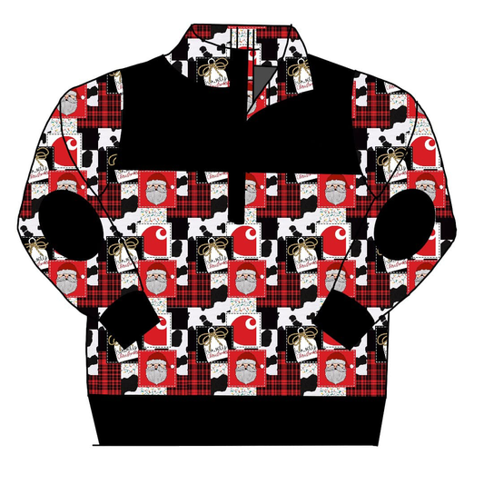 Custom moq 3 eta 6-8 weeks Black long sleeve zip-up top with Santa Claus gift box plaid pattern