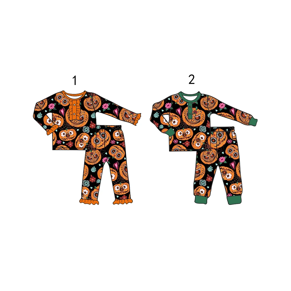 Custom moq 3 each mix size eta 6-8weeks Boys and Girls Pumpkin Button Pullover Long Sleeve Suit
