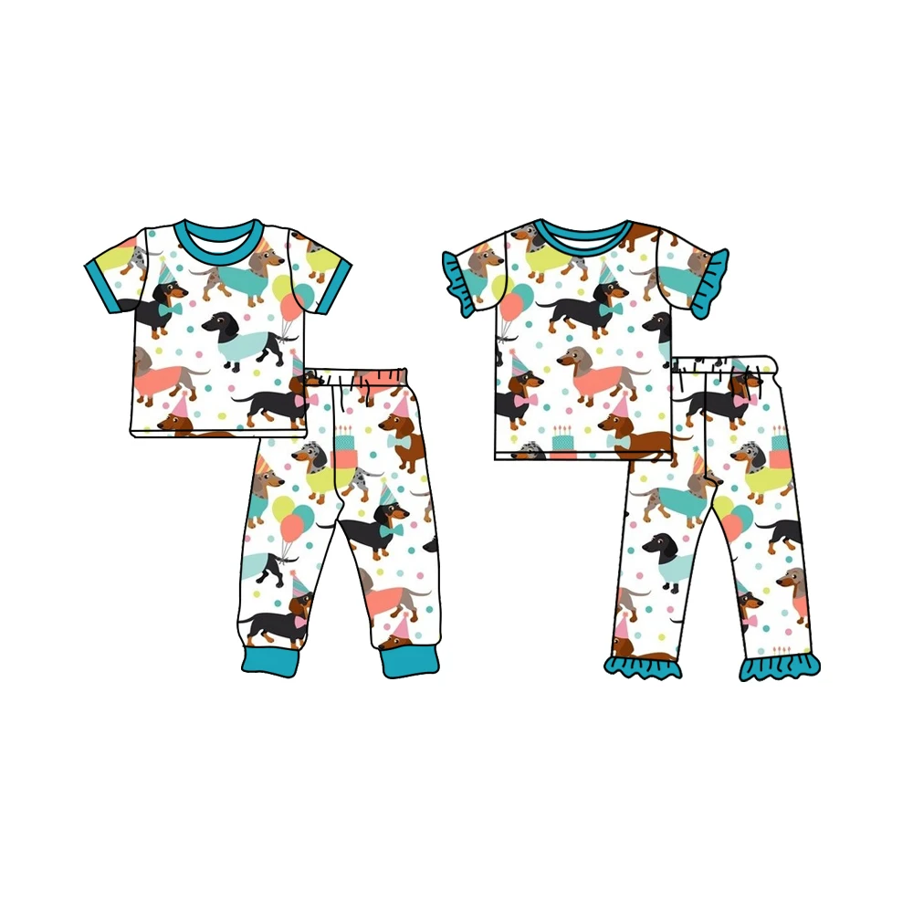Custom moq 3 each mix size eta 6-8weeks Boys and Girls Christmas Bow Polka Dot Puppy Lake Green Short Sleeve Pants Suit