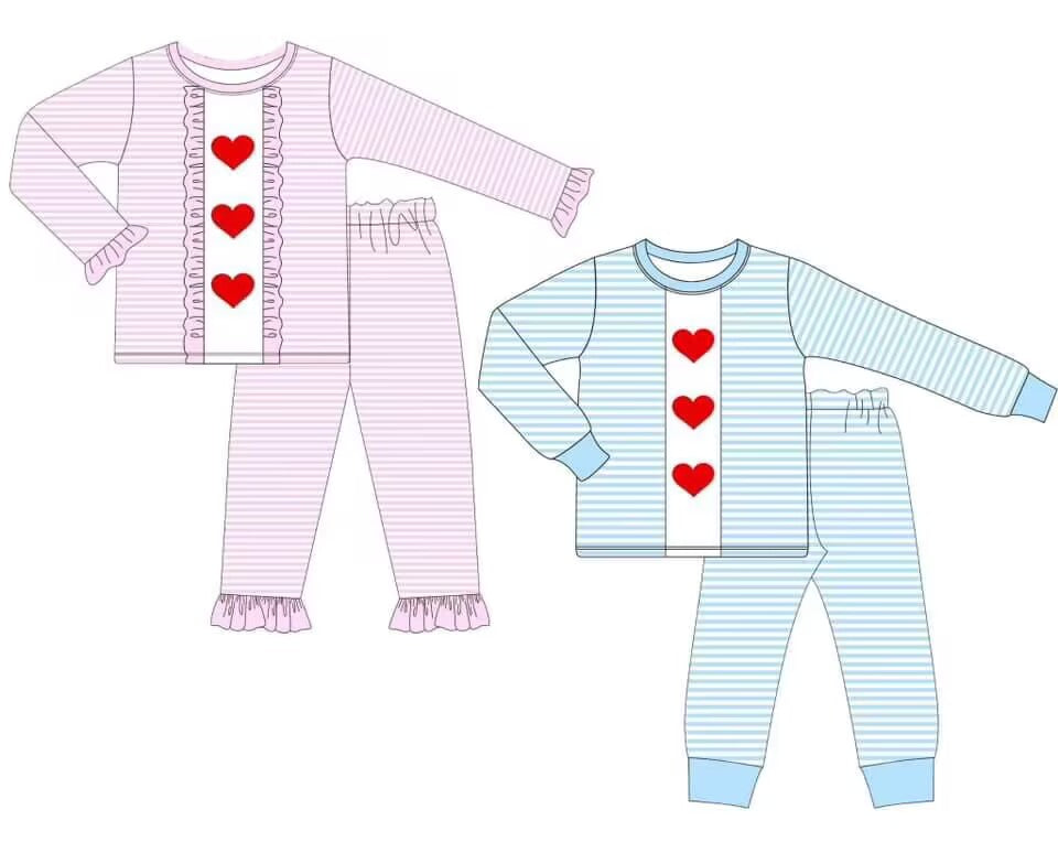 Custom moq 3 MIX SIZE eta 7/8week moq 5 eta /4/5week Love heart pink striped long-sleeved suit & love heart blue striped long-sleeved suit