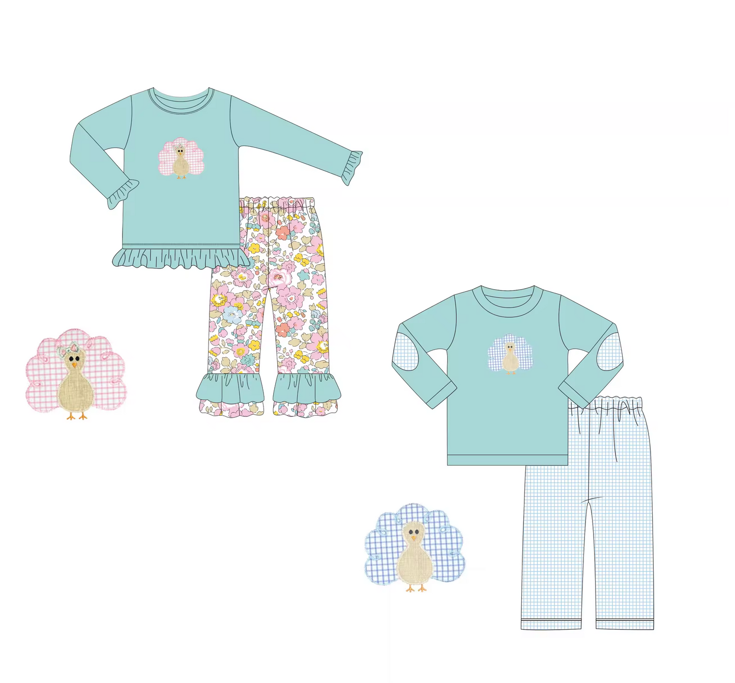 Custom moq 3 each mix size eta 6-8weeks  Light Teal Embroidered Turkey Mixed Set - Boys & Girls