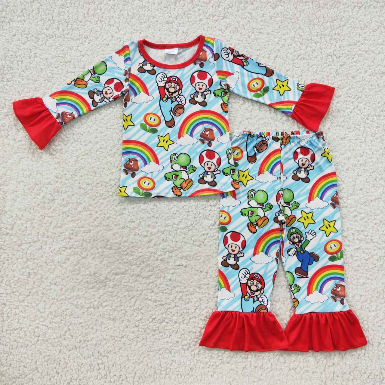 GLP0668 Mario Mushroom Rainbow Lace Red Blue Long Sleeve Trouser Set
