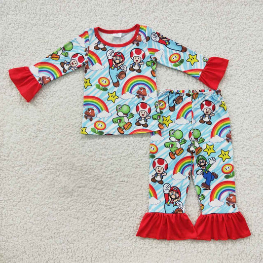 RTS NO MOQ（In Stock) Mario Mushroom Rainbow Lace Red Blue Long Sleeve Trouser Set