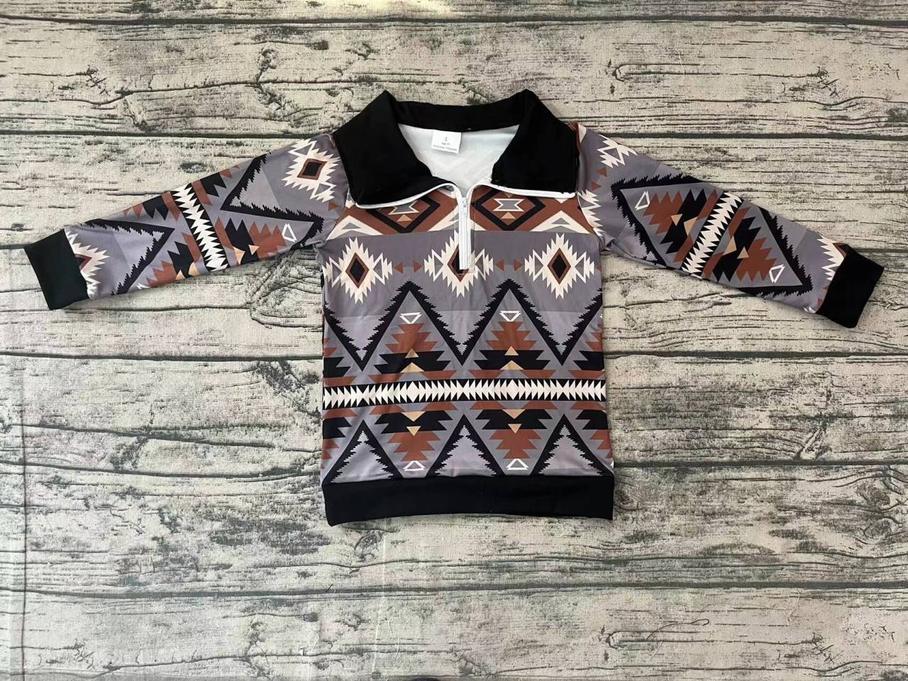 aztec Geometric Dark Gray Zip Long Sleeve Top