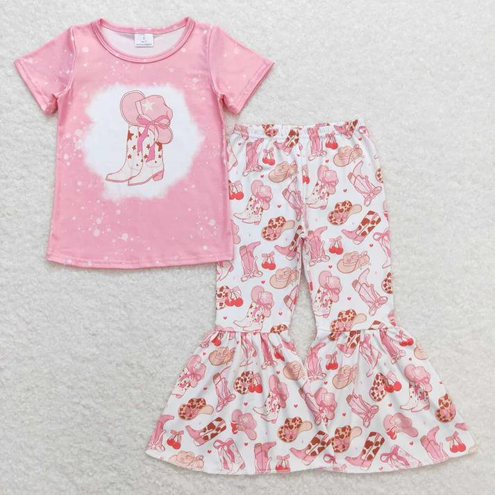 RTS Baby Girls Sibling Horse Boots Tee Top Bell Pants Western Outfits Sets