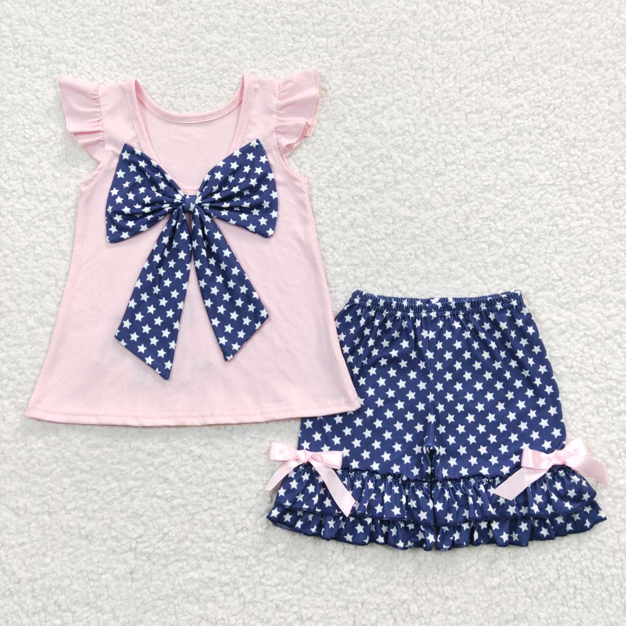 RTS NO MOQ（In Stock) Girls National Day Embroidered Puppy Pink Flying Sleeve Shorts Set