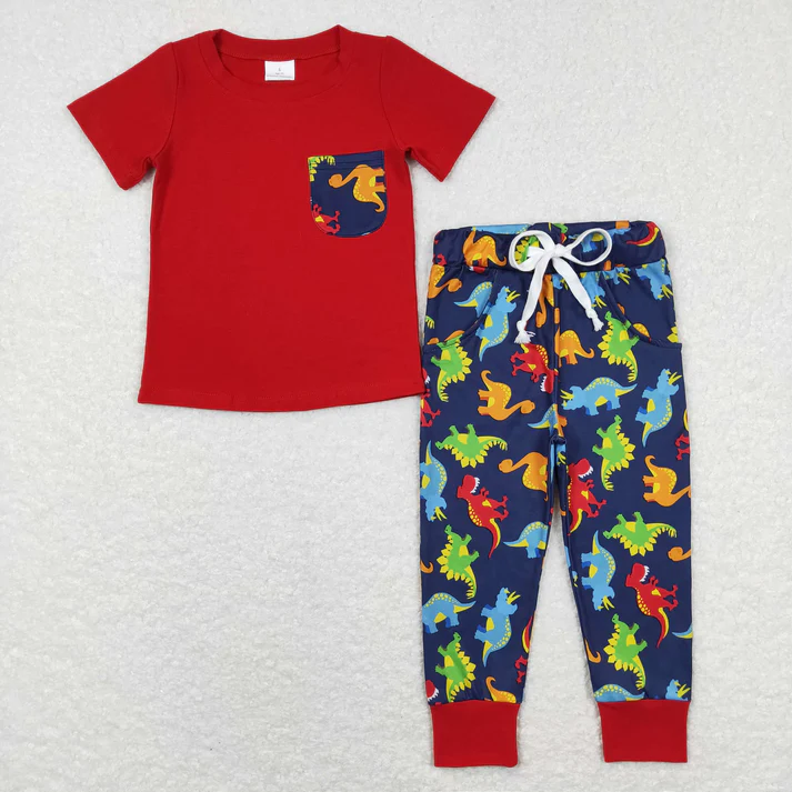 RTS NO MOQ Baby Boys Sibling Rompers Red Dinosaur Pants Clothes Sets red cotton top