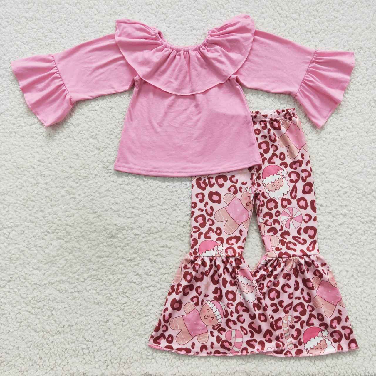 GLP0673 Gingerbread Man Santa Claus Pink Lace Off Shoulder Long Sleeve Leopard Print Trouser Suit