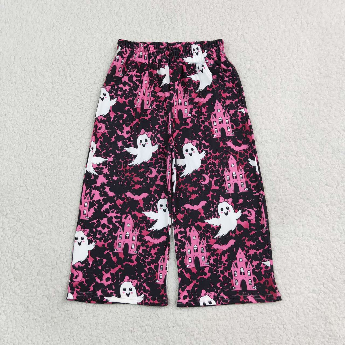 NEW RTS NO MOQ milk silk P1134 Baby Girls Ghosts Leopard Print Halloween Pockets Flare Pants Bottom