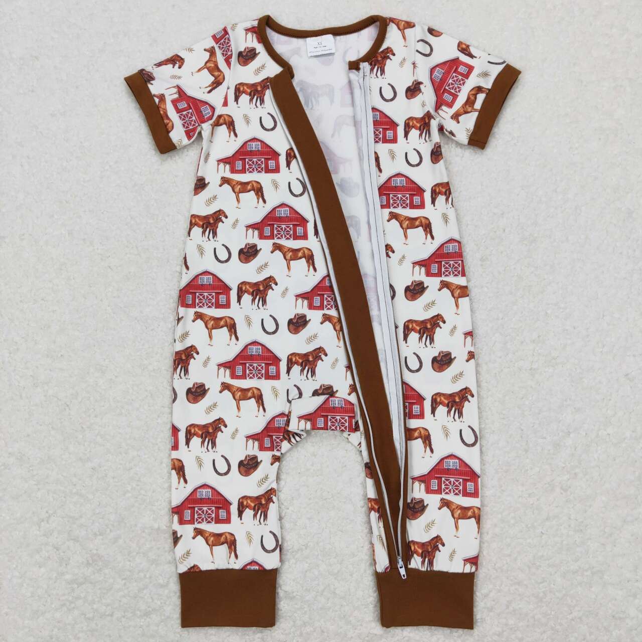 RTS NO MOQ（In Stock) SR0509 Farm Red House Horse Brown Beige Zip Short Sleeve Jumpsuit
