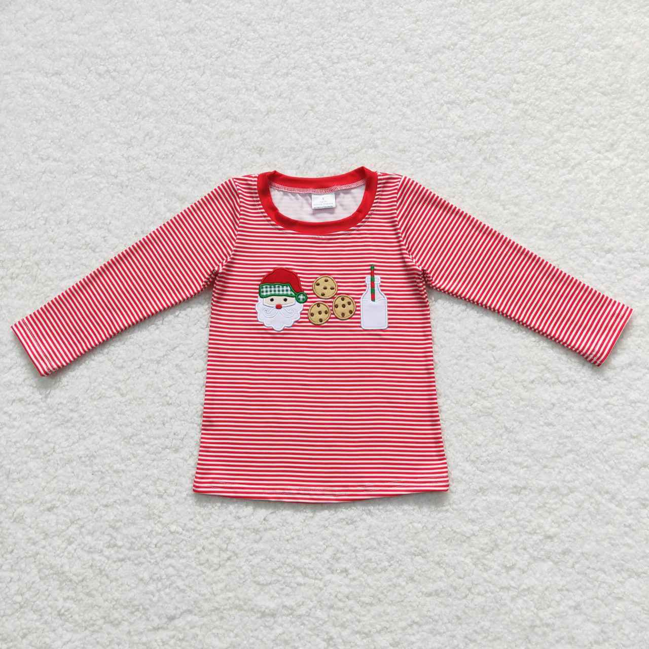 RTS NO MOQ（In Stock ) BT0370 Embroidered Santa Cookie Milk Red Striped Long Sleeve Top
